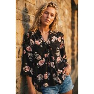 Rue 21 Women’s Size Small Black Floral Lace Up Blouse 3/4 Slv Boho Romantic Chic